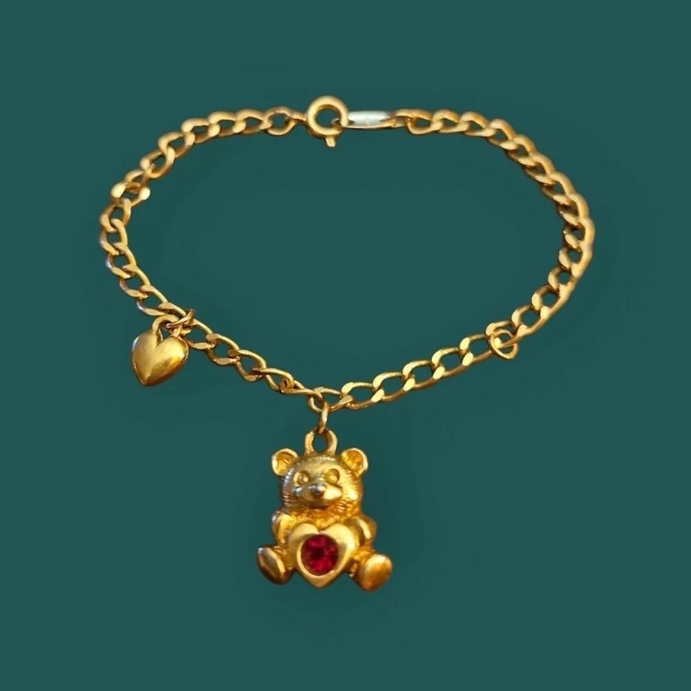 Vtg AVON Gold Bear Ruby Crystal Birthstone Charm Girl's Bracelet